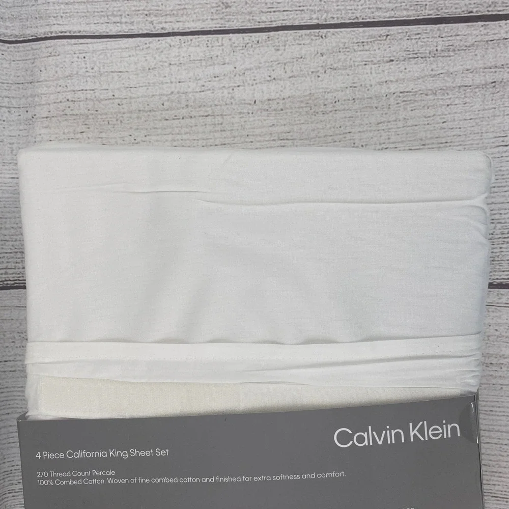 Calvin Klein Sheet Set California King White 270TC Percale 100% Combed Cotton